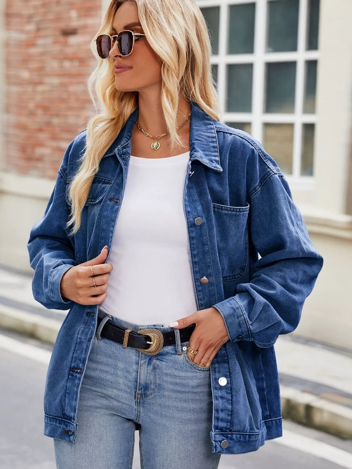 Button Up Denim Jacket with Pockets by Partner Label