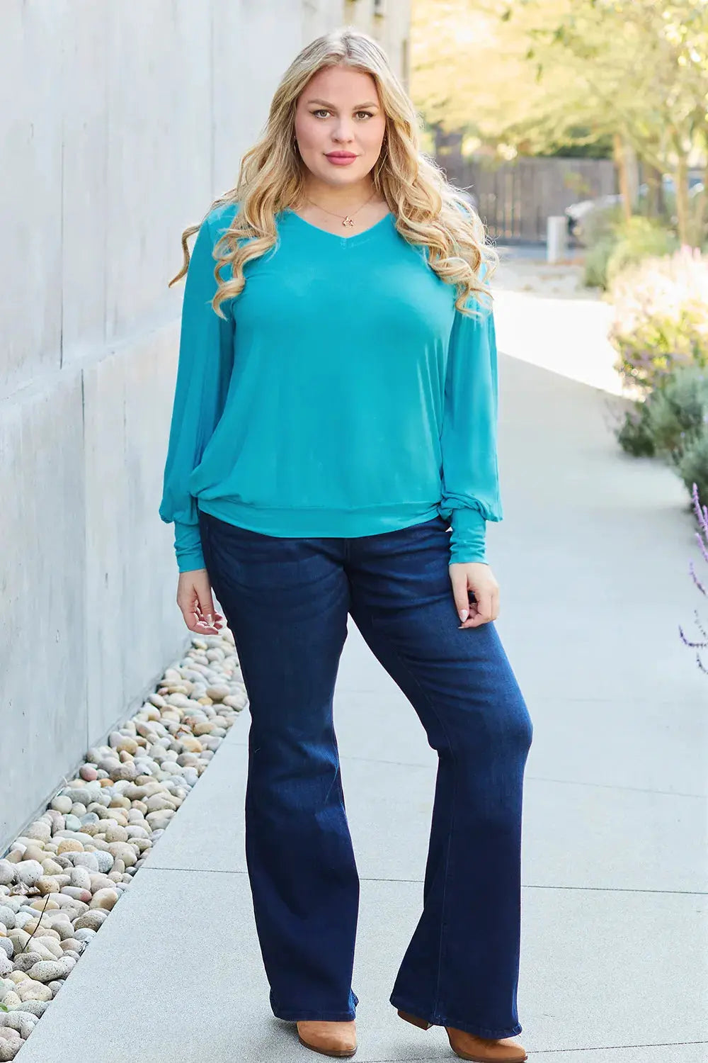Basic Bae Full Size V-Neck Lantern Sleeve Top by Basic Bae