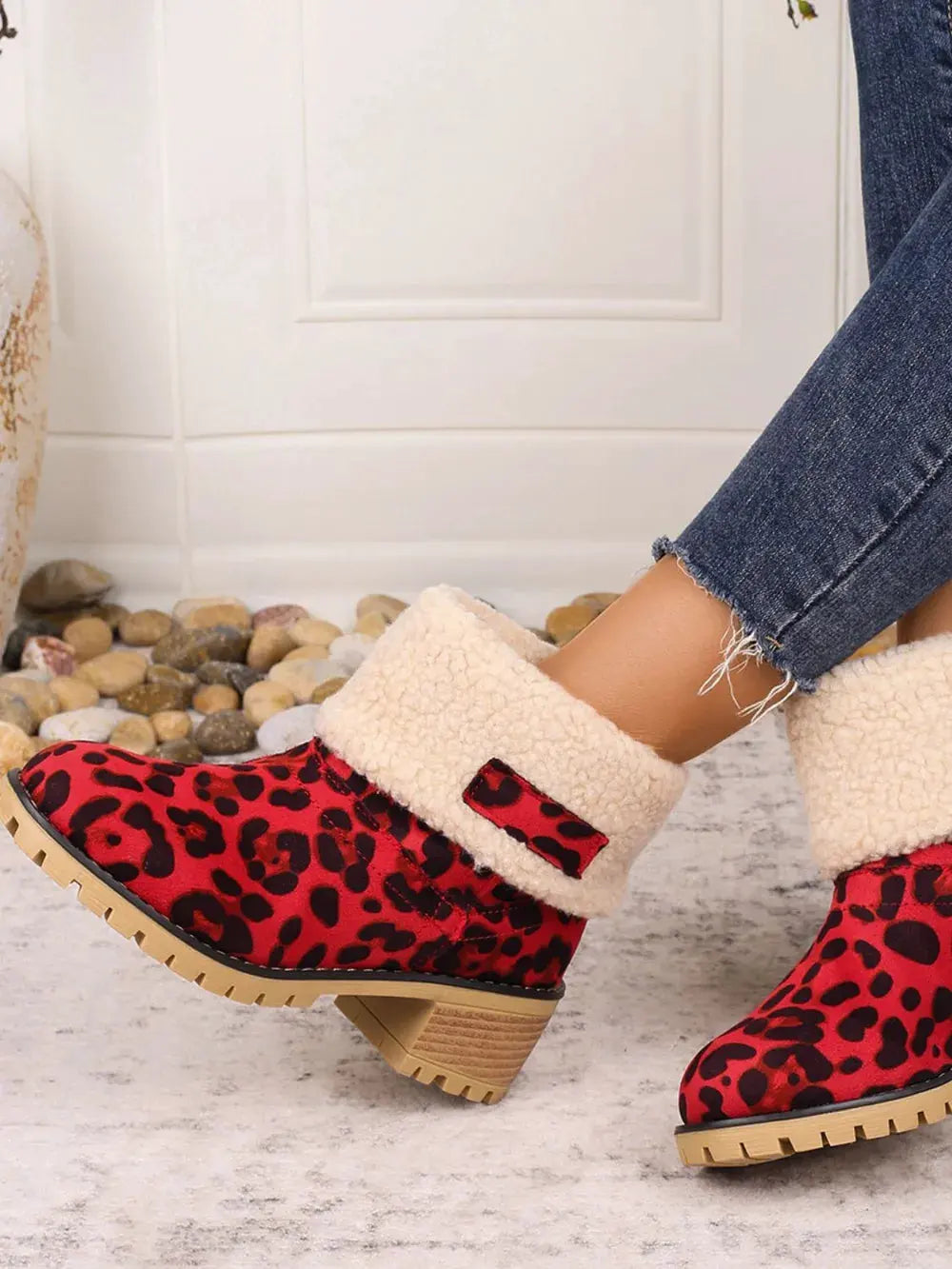 Leopard Block Heel Fuzzy Boots by Partner Label