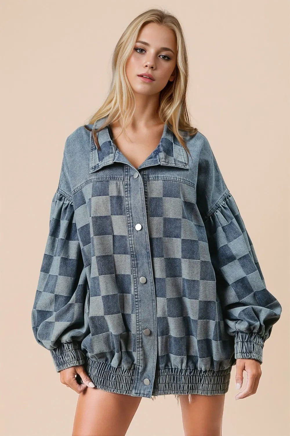 Double Take Checkered Button Up Denim Jacket by Double Take
