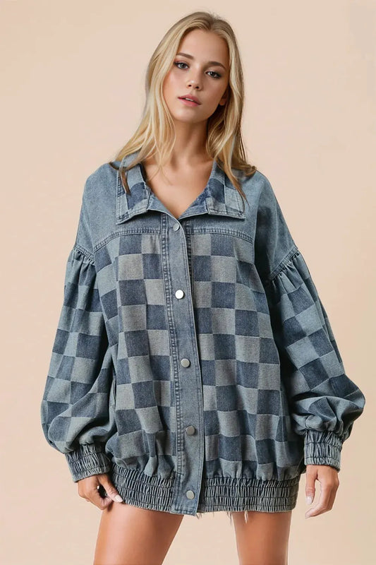 Double Take Checkered Button Up Denim Jacket by Double Take