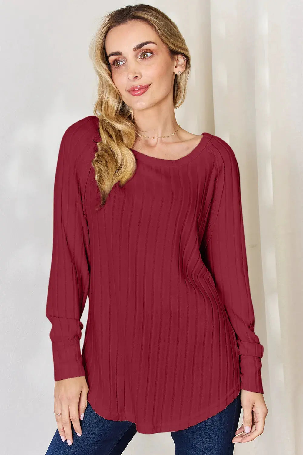 Basic Bae Full Size Ribbed Round Neck Slit T‑Shirt | Partner Labels Selection by Partner Label