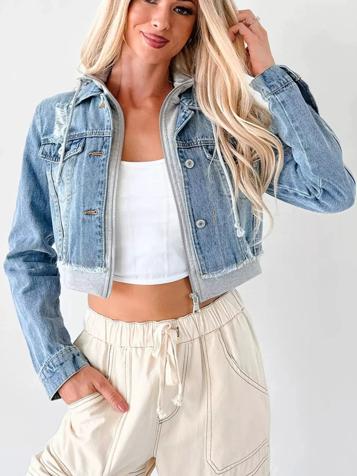 Distressed Zip Up Cropped Hooded Denim Jacket by Partner Label