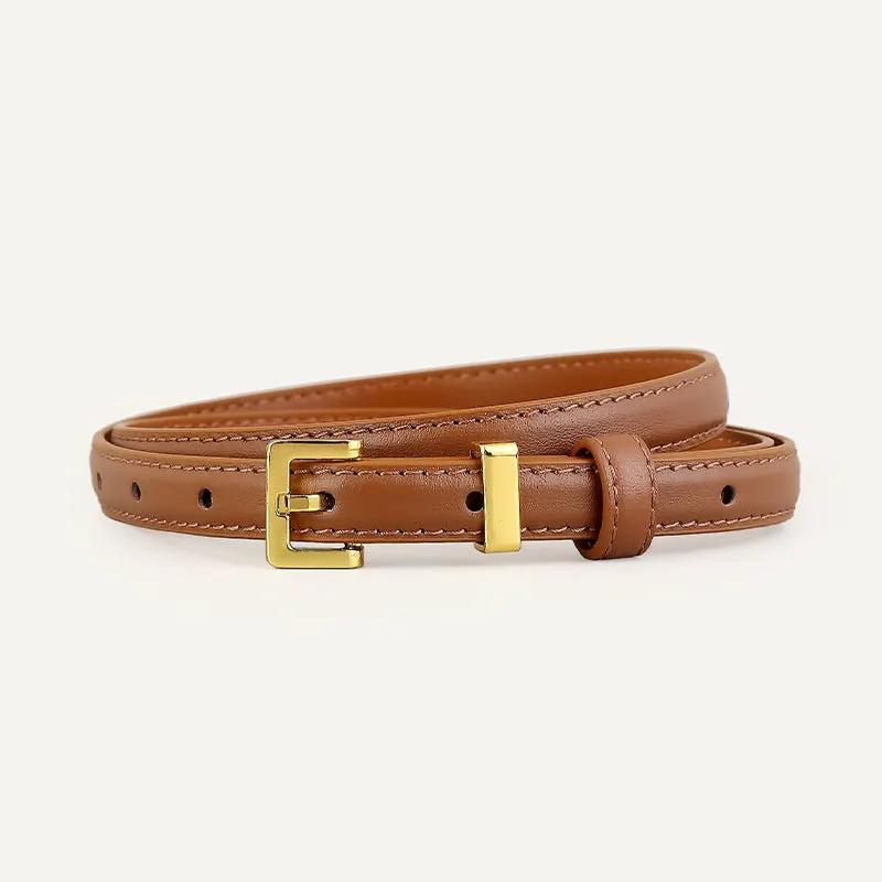Skinny Leather Belt with Golden Buckle by Trendsi