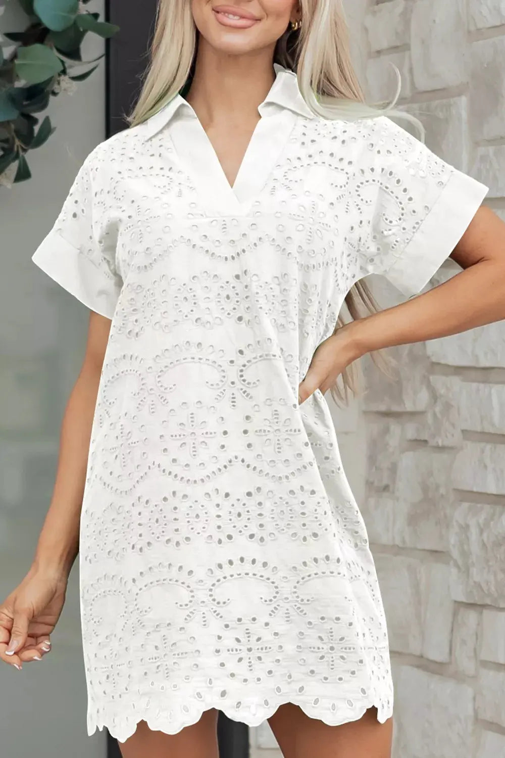 Solid Color Eyelet Embroidered T Shirt Mini Dress by Partner Label