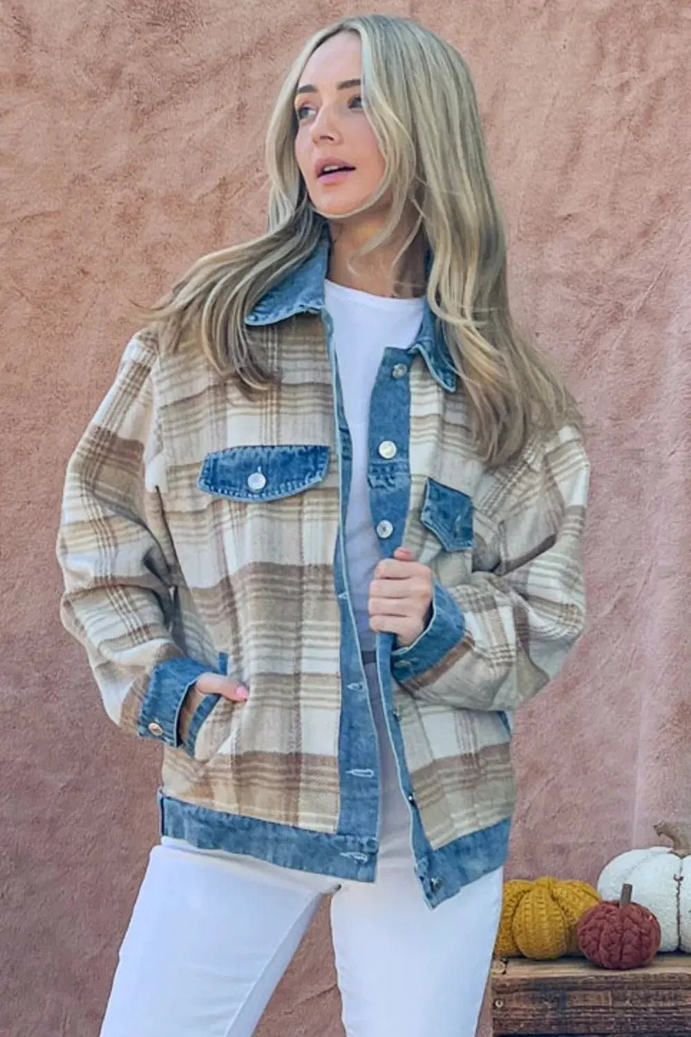And The Why Full Size Washed Denim Detail Brushed Plaid Jacket by And The Why