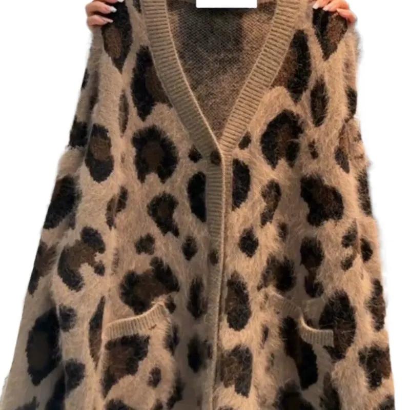 Leopard Print Thick Warm Coat Loose Lazy Knitted Cardigan Sweater by Maiden-Art
