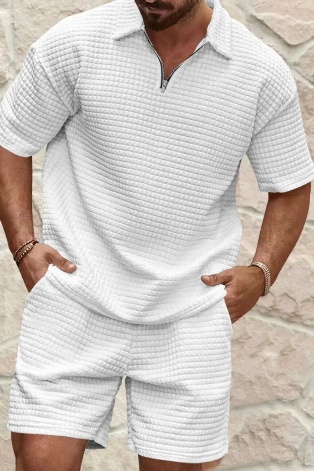 Men's Full Size Zip Collar Short Sleeve Top and Shorts Set Plus Size by Trendsi