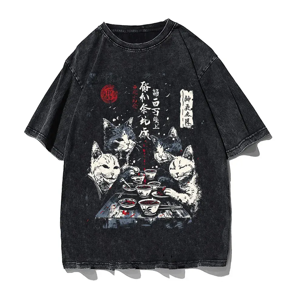 Japanese Cat Cartoon Graphic Baggy T-Shirt Men Streetwear by Vimost Shop