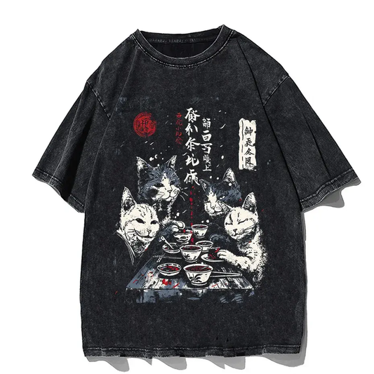 Japanese Cat Cartoon Graphic Baggy T-Shirt Men Streetwear by Vimost Shop