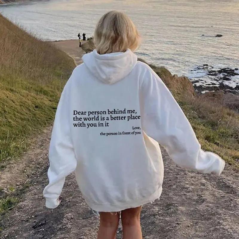 Dear Person Behind Me,the World Is A Better Place,with You In It,love,the Person In Front Of You,Women's Plush Letter Printed Kangaroo Pocket Drawstring Printed Hoodie Unisex Trendy Hoodies by Maiden-Art