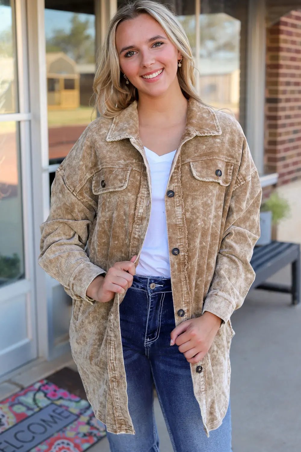 Washed Button Down Dropped Shoulder Jacket by Partner Label