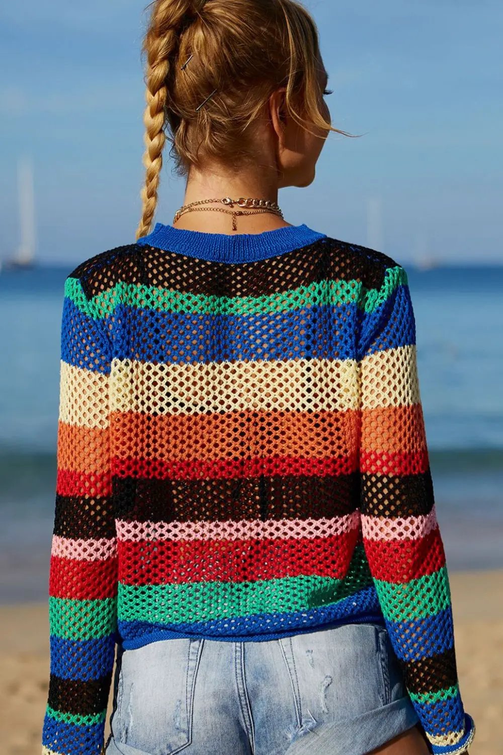 Angel Wings Rainbow Stripe Openwork Long Sleeve Cover-Up by Partner Labels