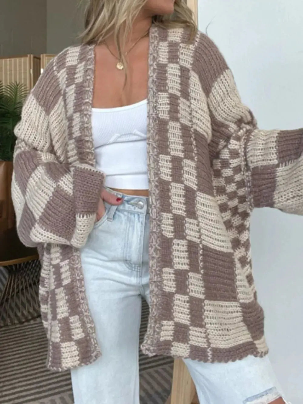 Plaid Open Front Long Sleeve Cardigan by Partner Label
