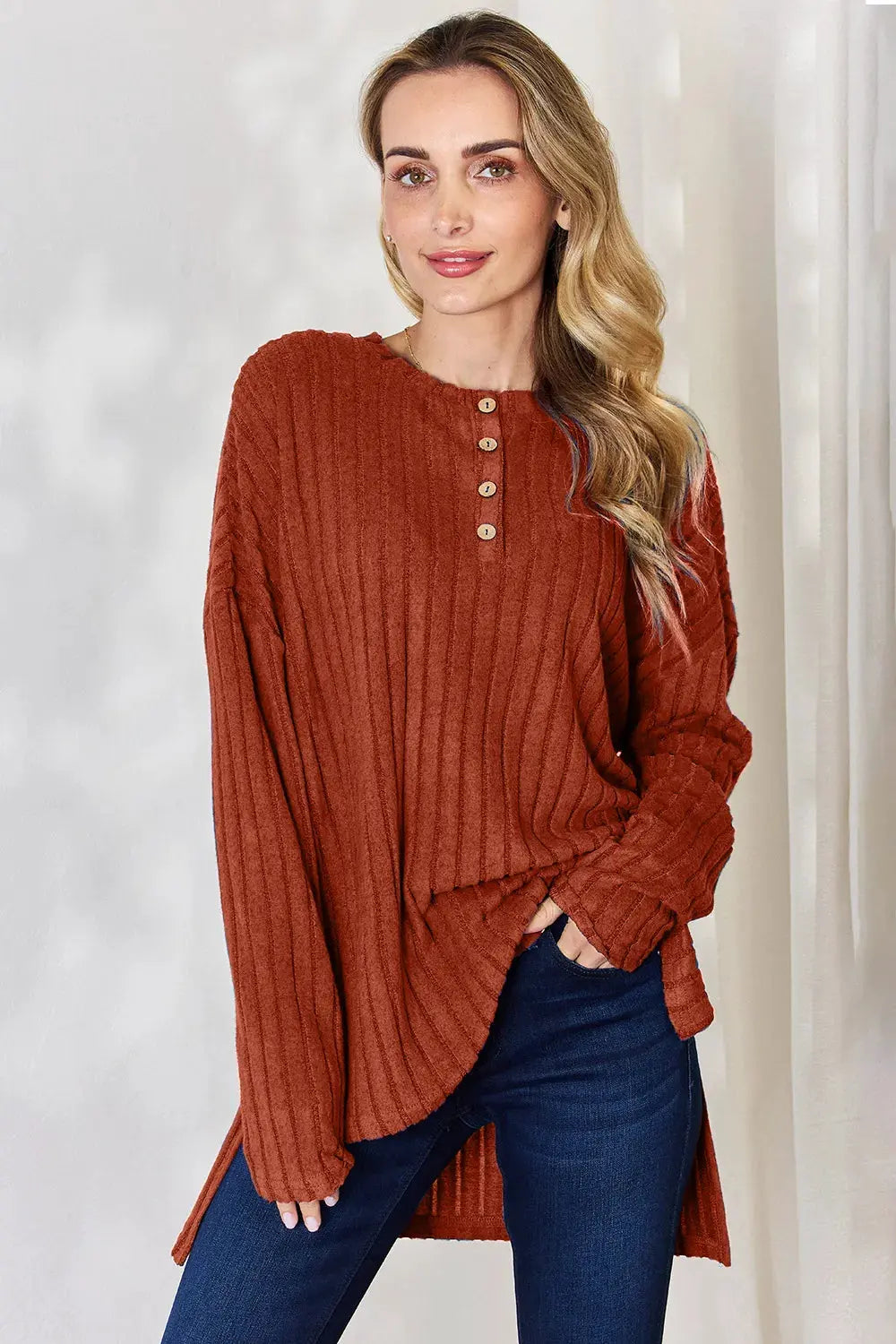 Basic Bae Full Size Ribbed Half Button Long Sleeve High-Low T-Shirt by Basic Bae