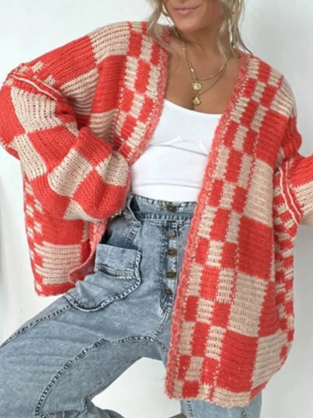 Plaid Open Front Long Sleeve Cardigan by Partner Label