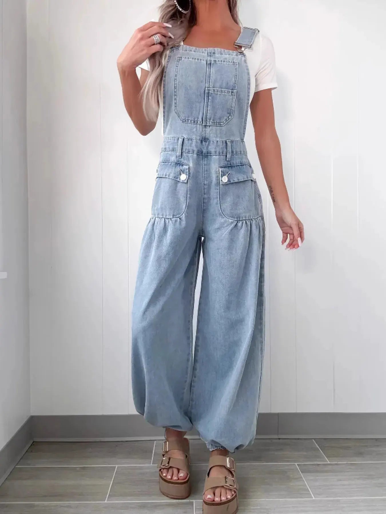 Wide Leg Denim Overalls by Partner Labels