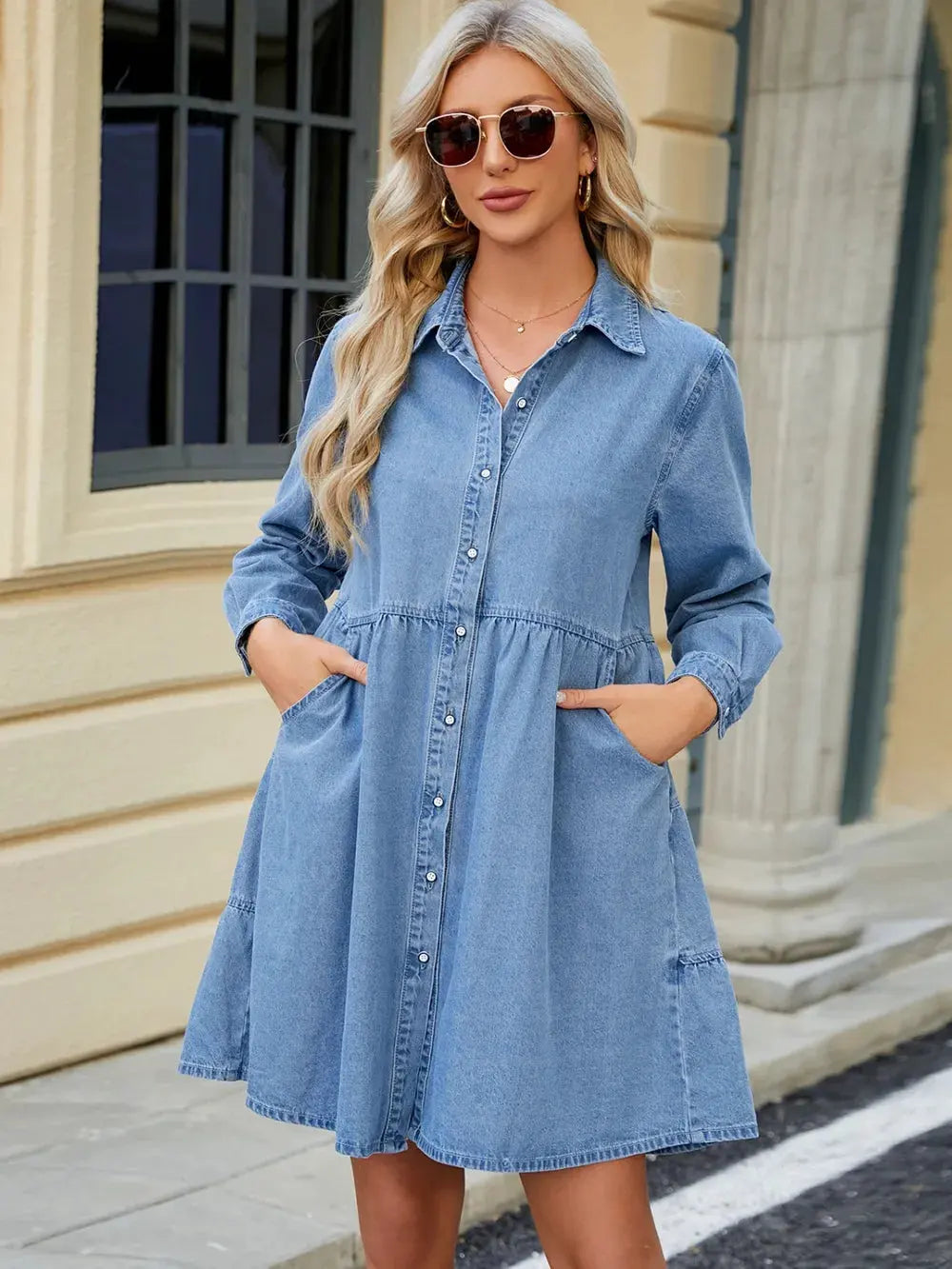 Tiered Button Up Long Sleeve Denim Dress by Partner Label