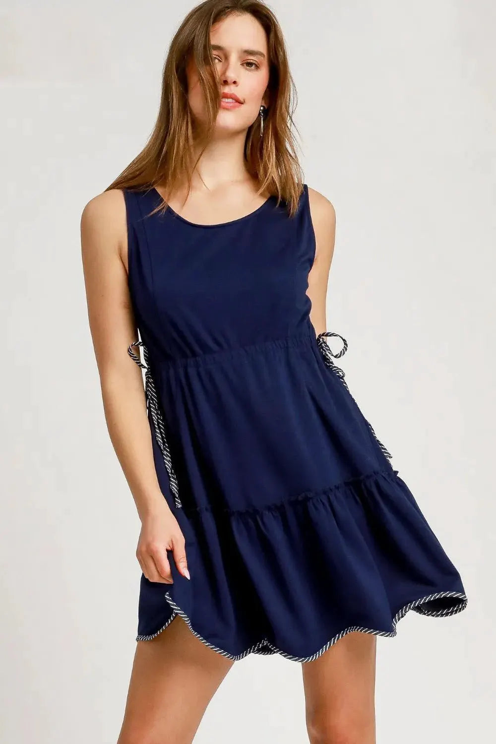 Umgee Frill Drawstring Waist Round Neck Mini Tank Dress by Umgee