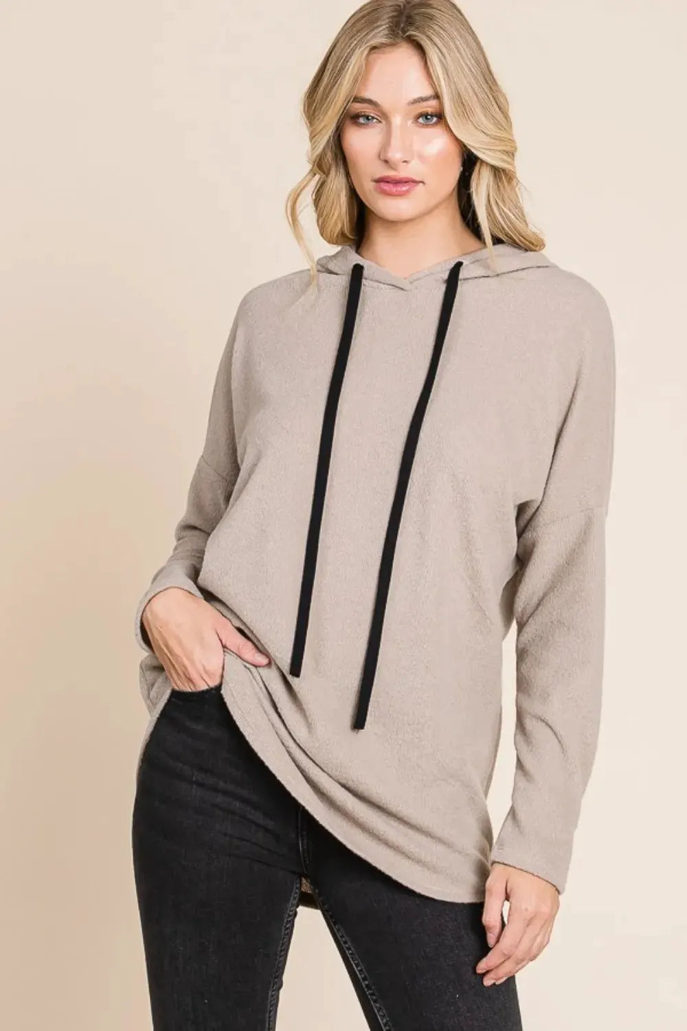 BOMBOM Contrast Drawstring Drop Shoulder Knit Hoodie by BOMBOM
