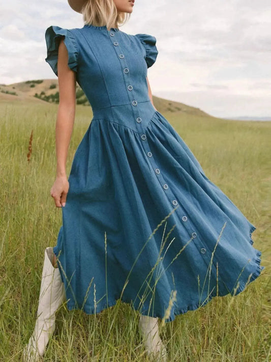 Ruffled Cap Sleeve Denim Dress by Partner Label