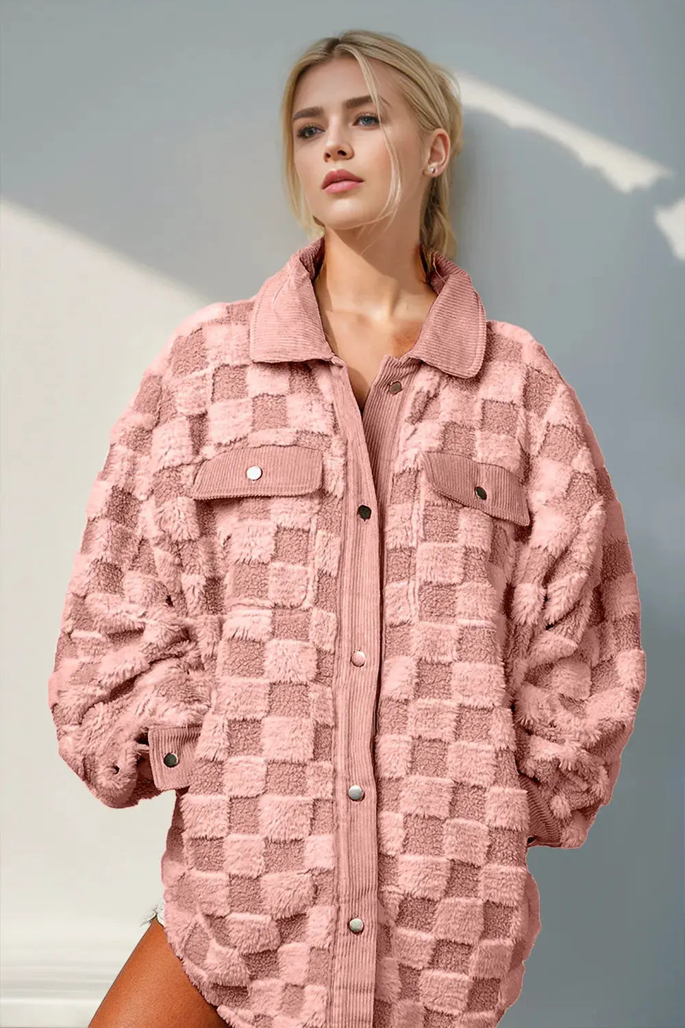 Double Take Button Up Fuzzy Checkered Shacket by Partner Label