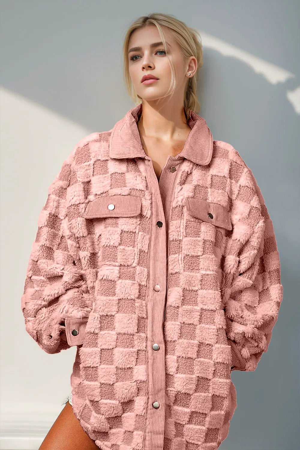 Double Take Button Up Fuzzy Checkered Shacket by Partner Label