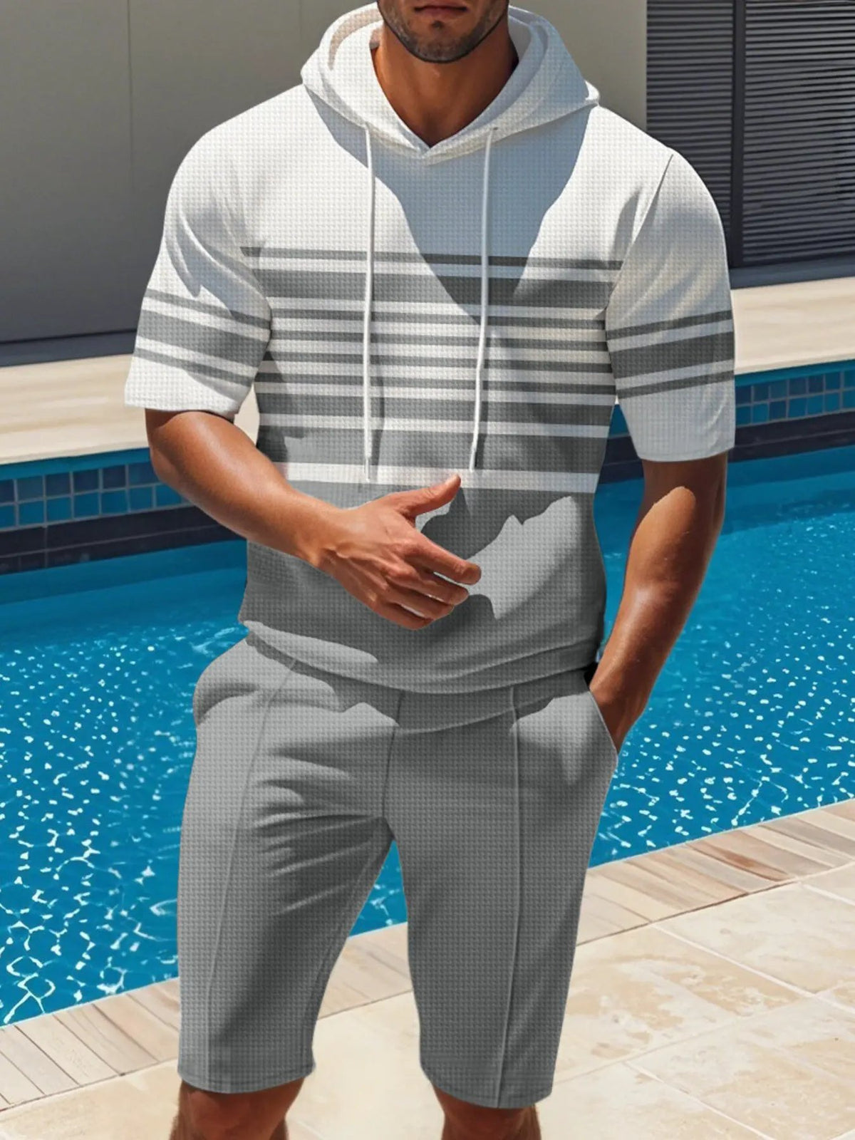 Men's Full Size Striped Short Sleeve Hoodie and Shorts Set Plus Size by Trendsi