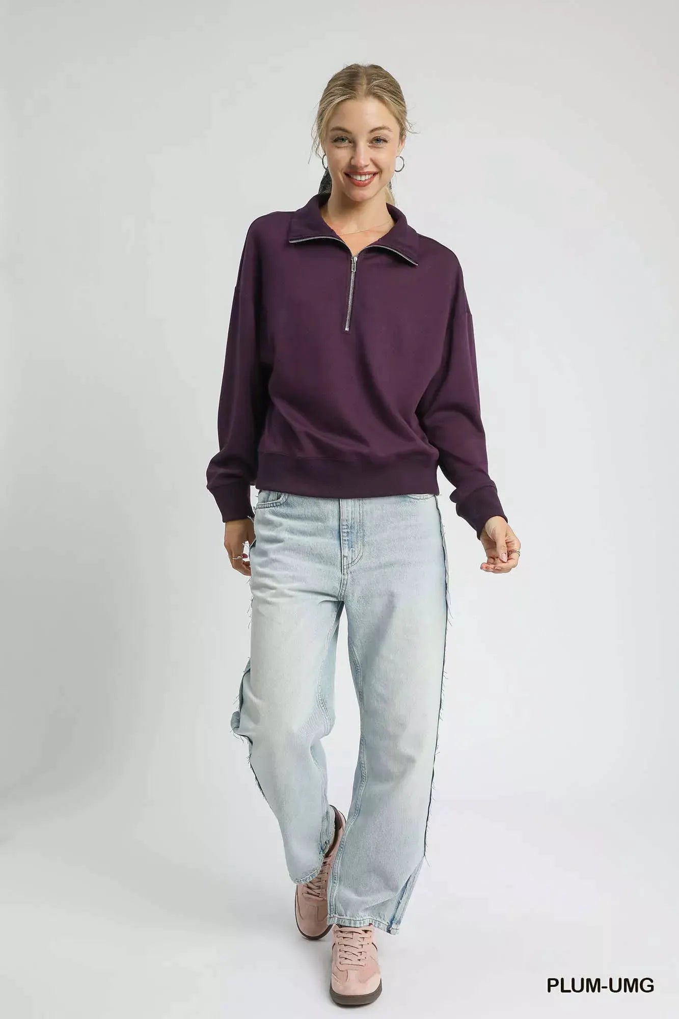 Umgee Half Zip Drop Shoulder Sweatshirt by Umgee