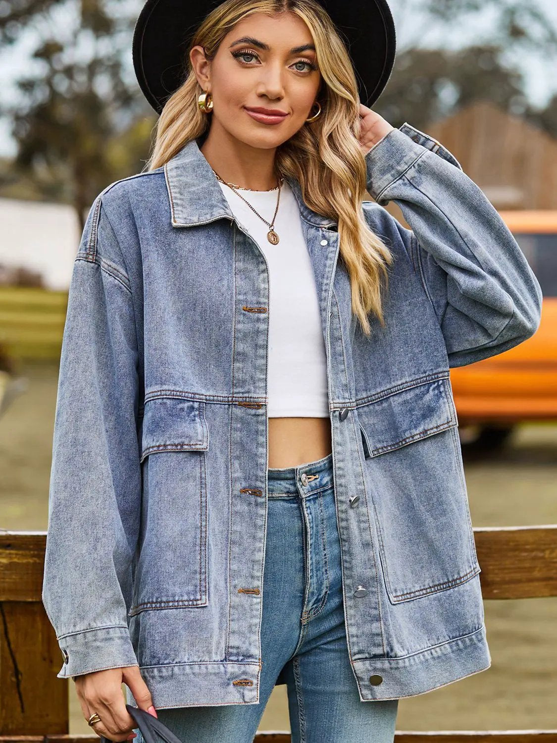 Dropped Shoulder Denim Jacket with Pockets by Partner Label