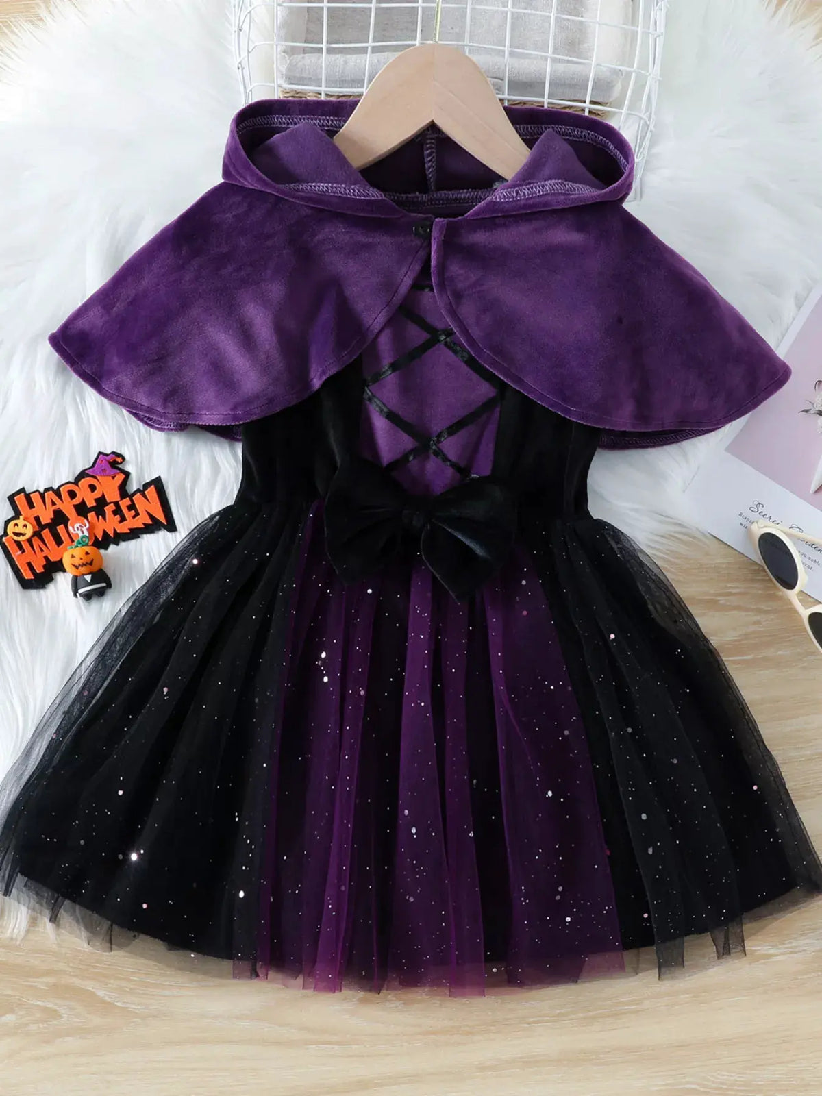 Children's Velvet Hooded Cape and Tulle Dress Halloween Witch Costume Set by Trendsi