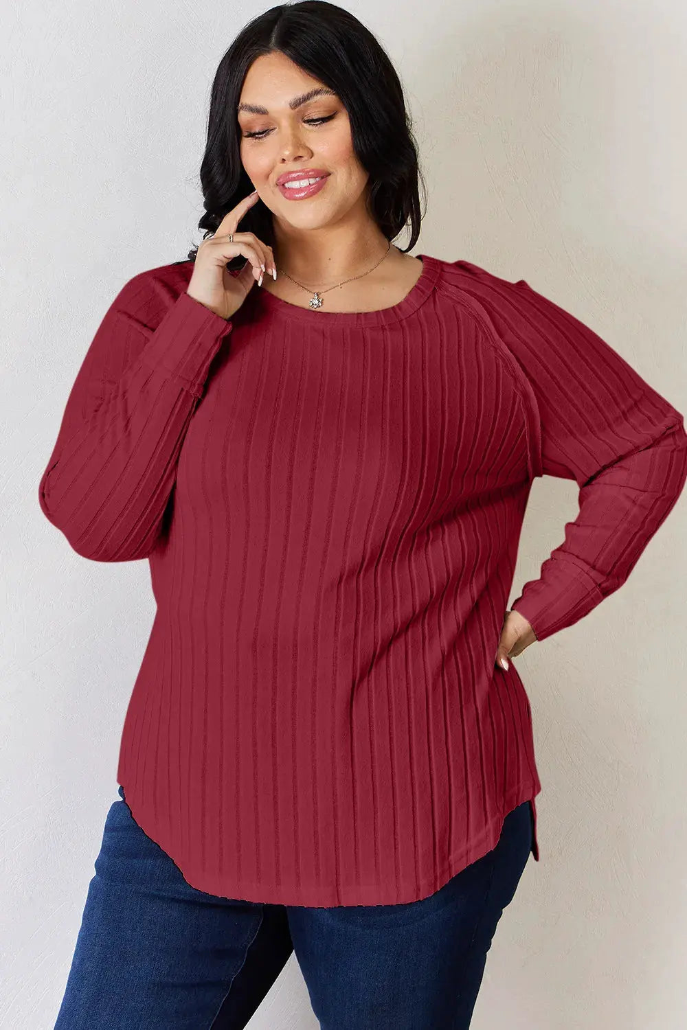 Basic Bae Full Size Ribbed Round Neck Slit T‑Shirt | Partner Labels Selection by Partner Label