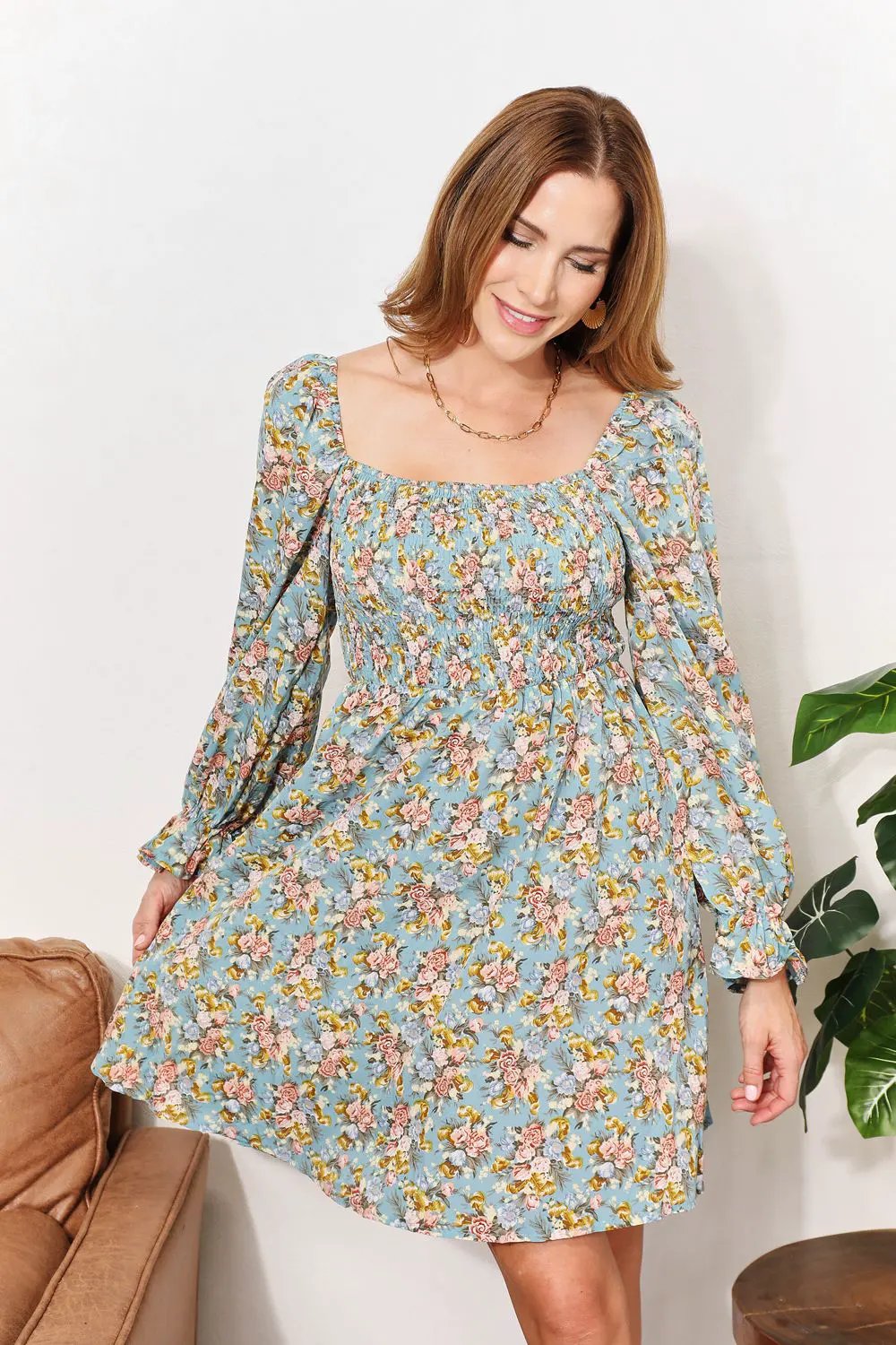 Honey Floral Smocked Flounce Sleeve Square Neck Dress by Honey