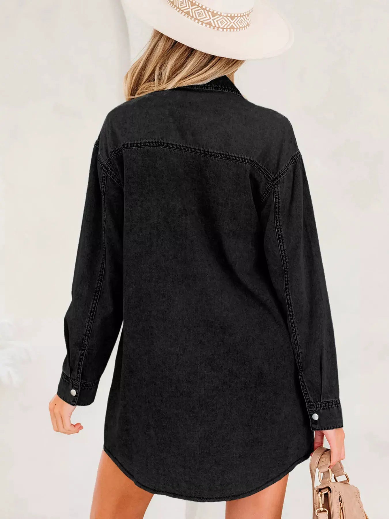 Chest Pocket Raw Hem Denim Loose Shirt Dress by Partner Label