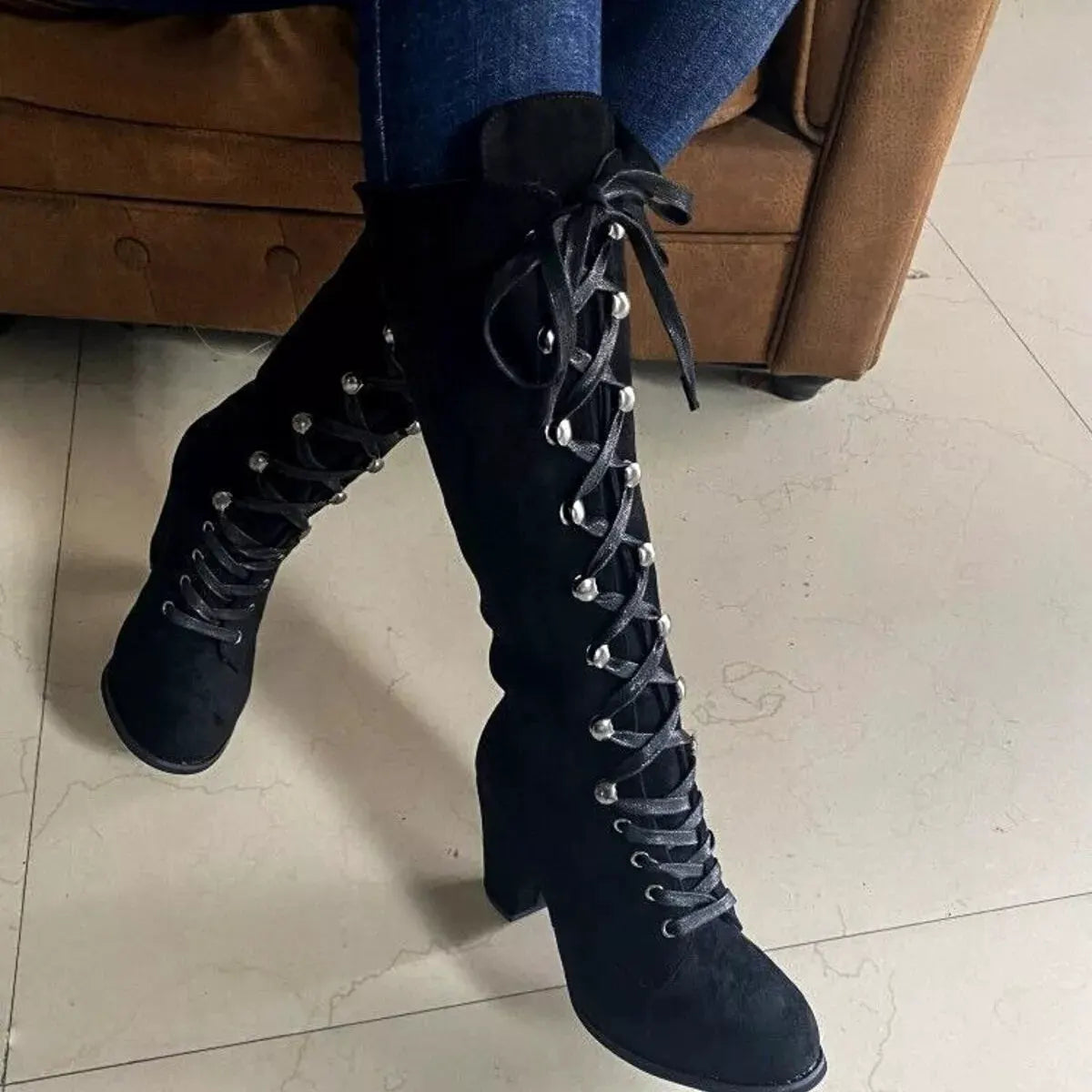 Lace Up Block Heels Boots by Partner Label