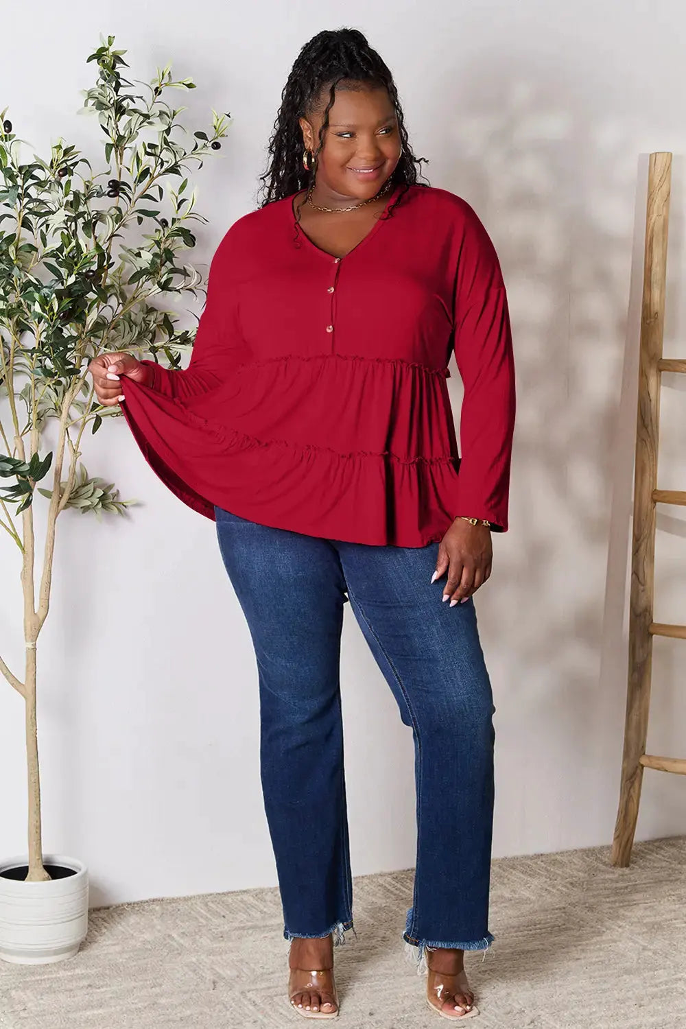 Double Take Half Button Long Sleeve Ruffle Hem Blouse by Double Take
