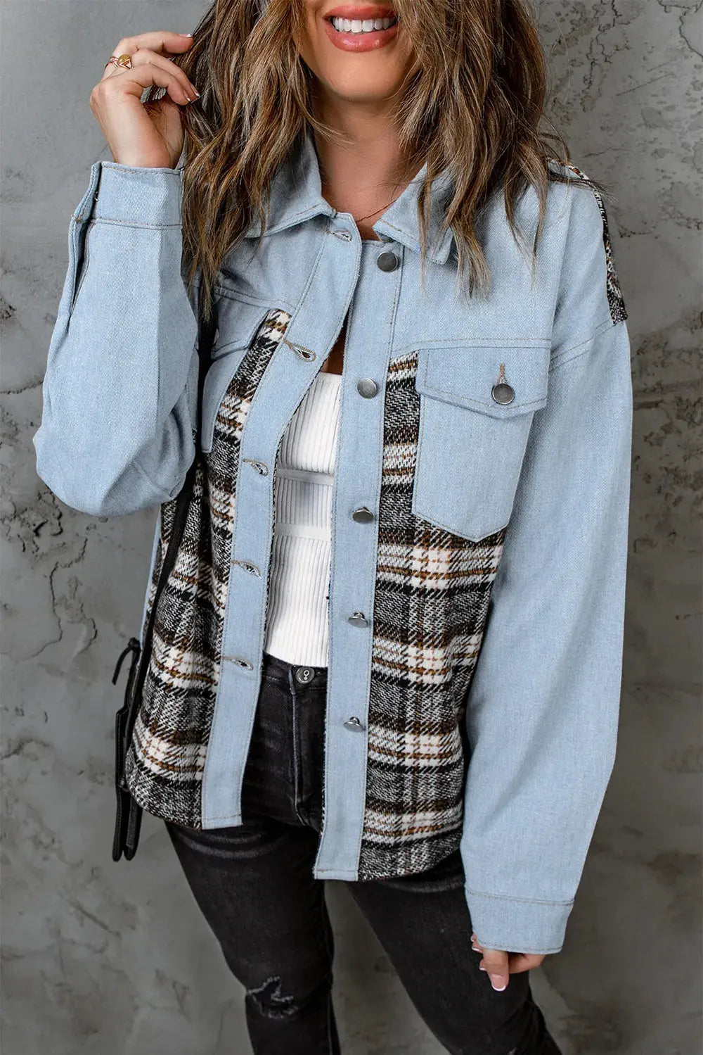 Plaid Pocketed Button Up Denim Jacket by Partner Label