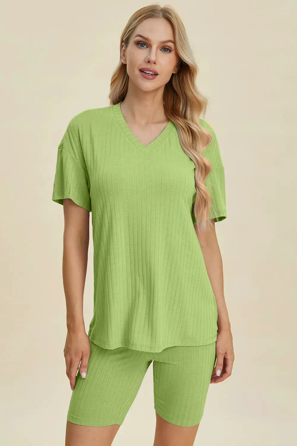 Basic Bae Full Size Ribbed V-Neck Short Sleeve Top and Shorts Set by Basic Bae