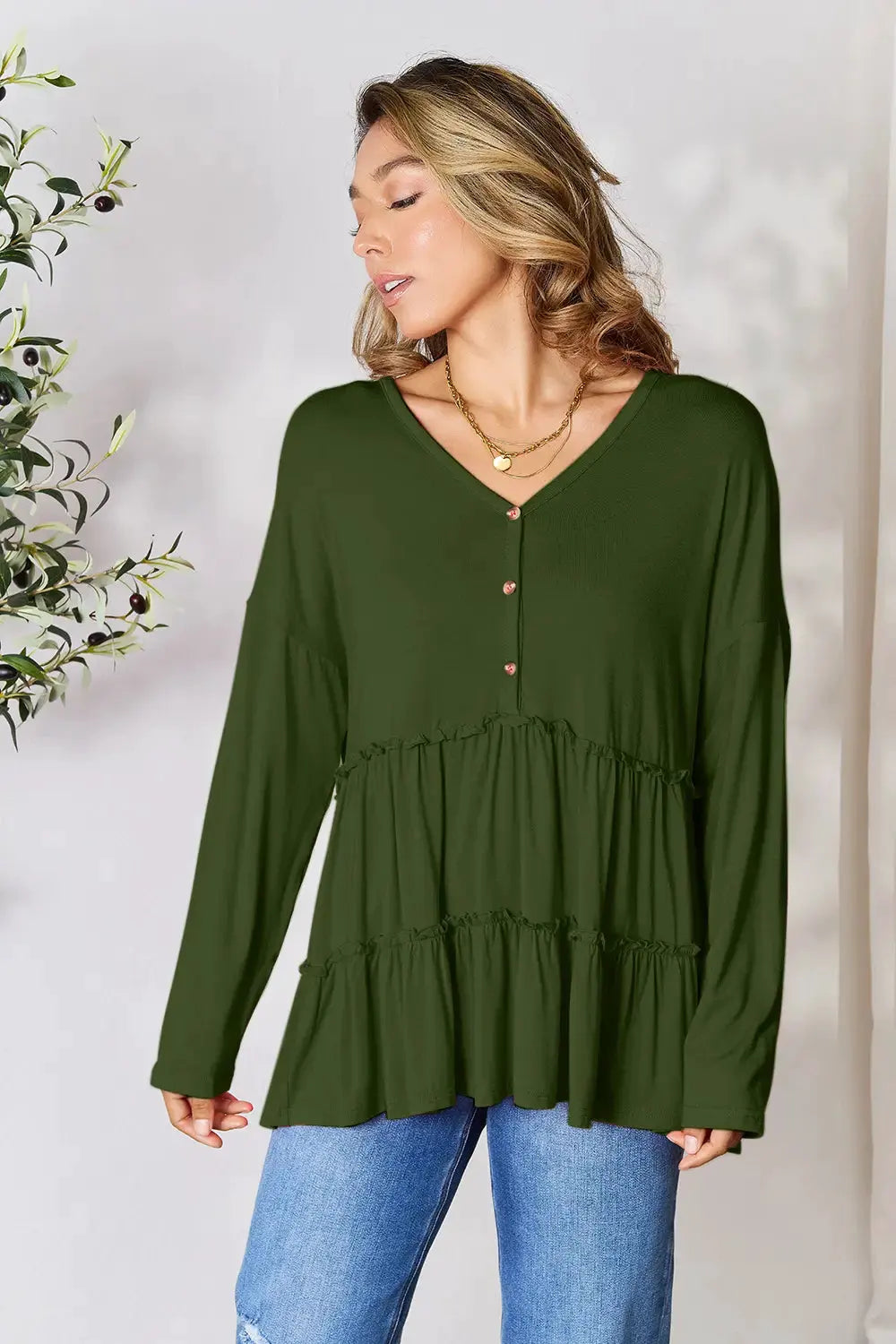 Double Take Half Button Long Sleeve Ruffle Hem Blouse by Double Take