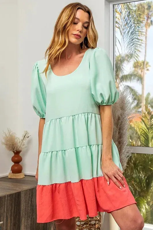 BiBi Two-Tone Balloon Sleeves U Neck Tiered Ruffle Hem Mini Dress by BiBi