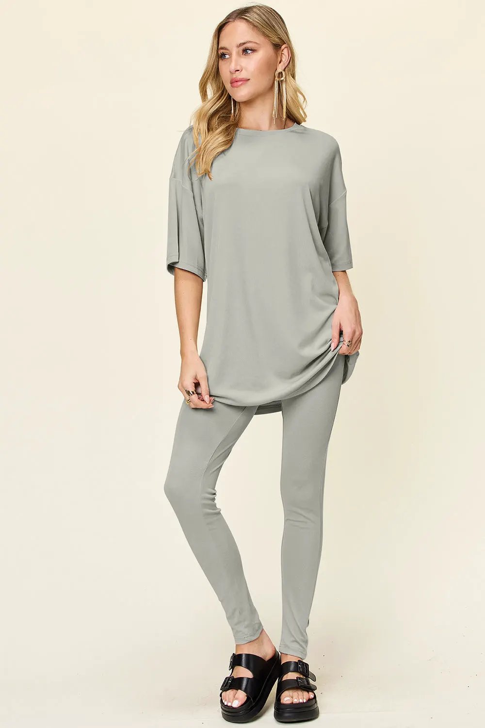 Double Take Full Size Round Neck Dropped Shoulder T-Shirt and Leggings Set by Double Take
