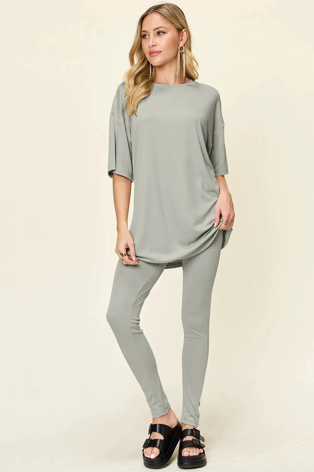 Double Take Full Size Round Neck Dropped Shoulder T-Shirt and Leggings Set by Double Take