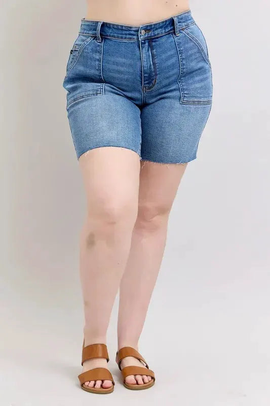 Judy Blue Full Size Mid Rise Bermudas Denim Shorts W/ Back Flap Pockets Plus Size by Judy Blue