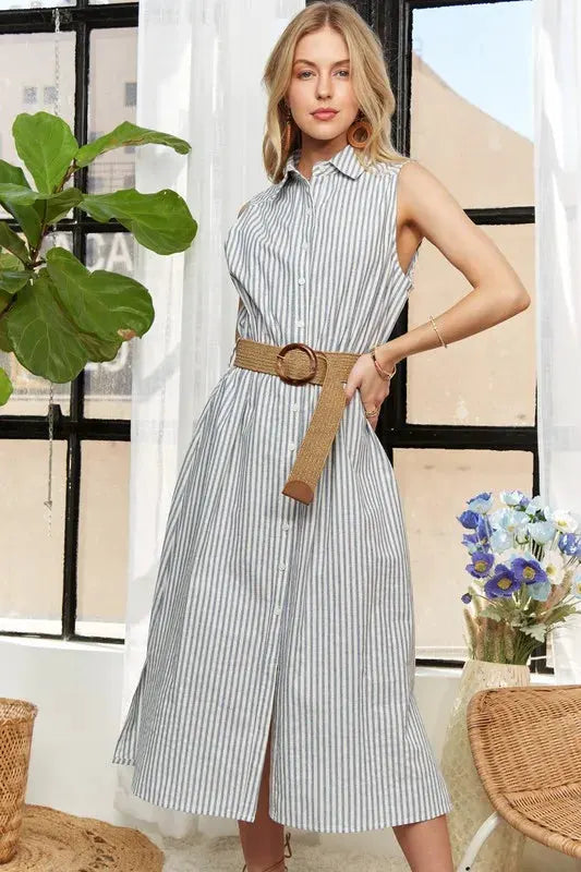 ADORA Striped Button Down Sleeveless Midi Dress by ADORA