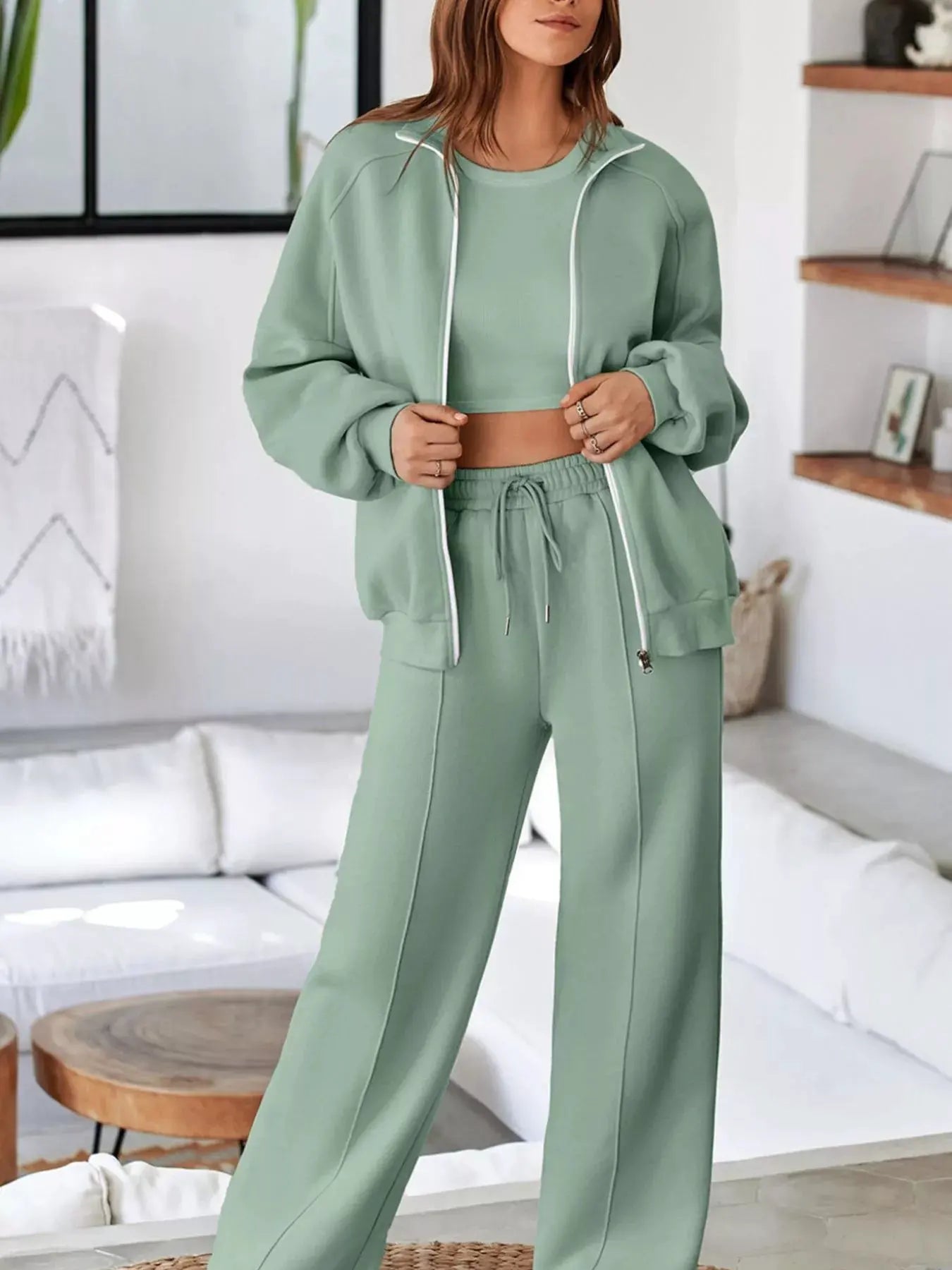 Drop Shoulder Zip Up Jacket and Drawstring Pants Active 2pcs Set by Partner Label