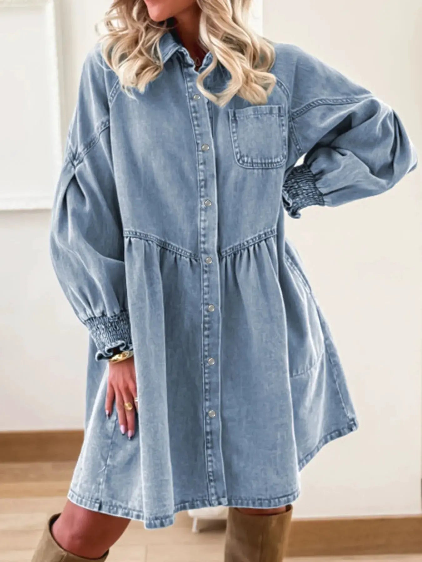 Button-Up Denim Shirt Dress with Smocked Cuffs by Partner Label