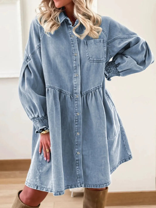 Button-Up Denim Shirt Dress with Smocked Cuffs by Partner Label