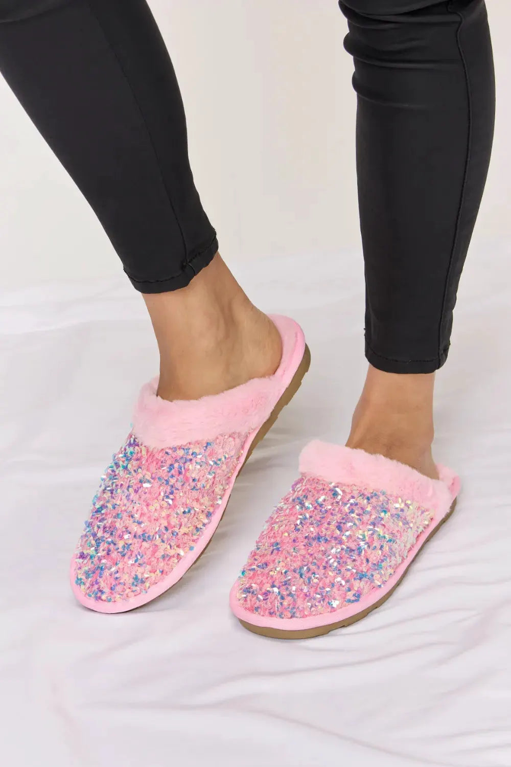 Forever Link Sequin Plush Round Toe Slippers by Forever Link