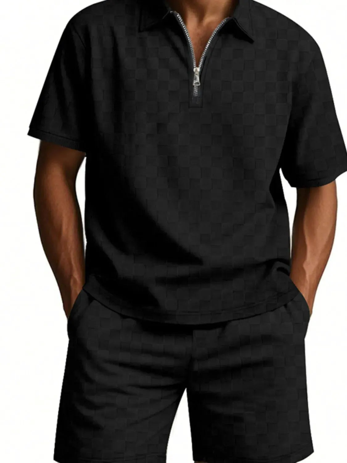 Men's Full Size Quarter Zip Short Sleeve Top and Shorts Set Plus Size by Trendsi
