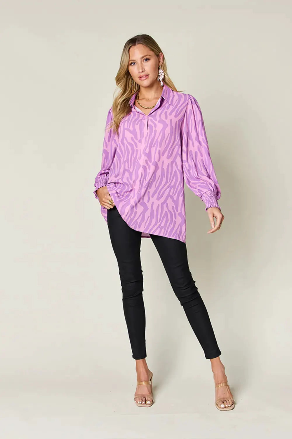 Double Take Full Size Printed Smocked Long Sleeve Blouse Plus Size by Double Take